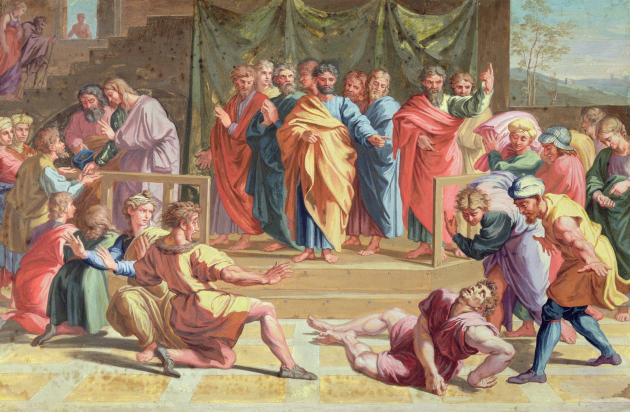 Śmierć Ananiasza według obrazu Rafaela (1483-1520) 1740 (barwa nad grafitem na pergaminie) autorstwa Joseph Goupy