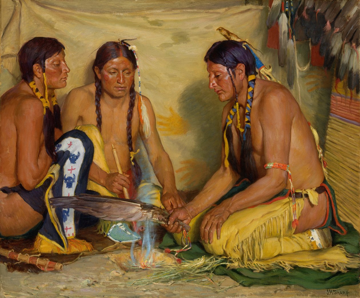 Tworzenie lekarstw z trawy słodkiej, Ceremonia Czarnych Stóp autorstwa Joseph Henry Sharp