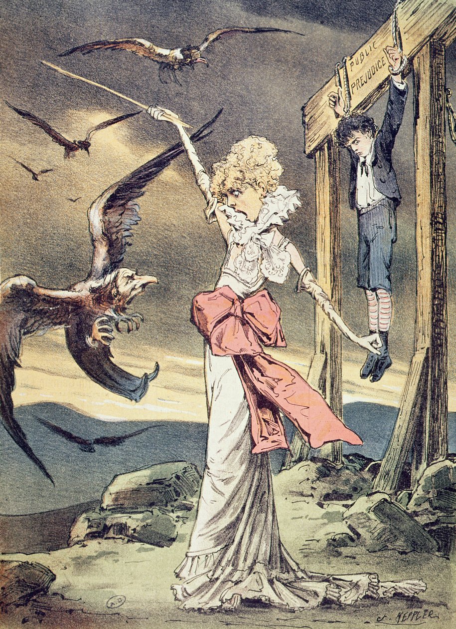 Karykatura Sarah Bernhardt przedstawiona jako bohaterka Starego Testamentu Rispa chroniąca syna przed duchownymi sępami Kościoła katolickiego, ilustracja z magazynu „Puck”, grudzień 1880 (kolor autorstwa Joseph Keppler