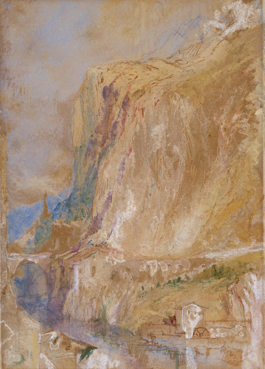 Dolina w Alpach, ok. 1843 r. (ołówek, wc, długopis i brązowy tusz wzmocnione kolorem ciała na papierze) autorstwa Joseph Mallord William Turner