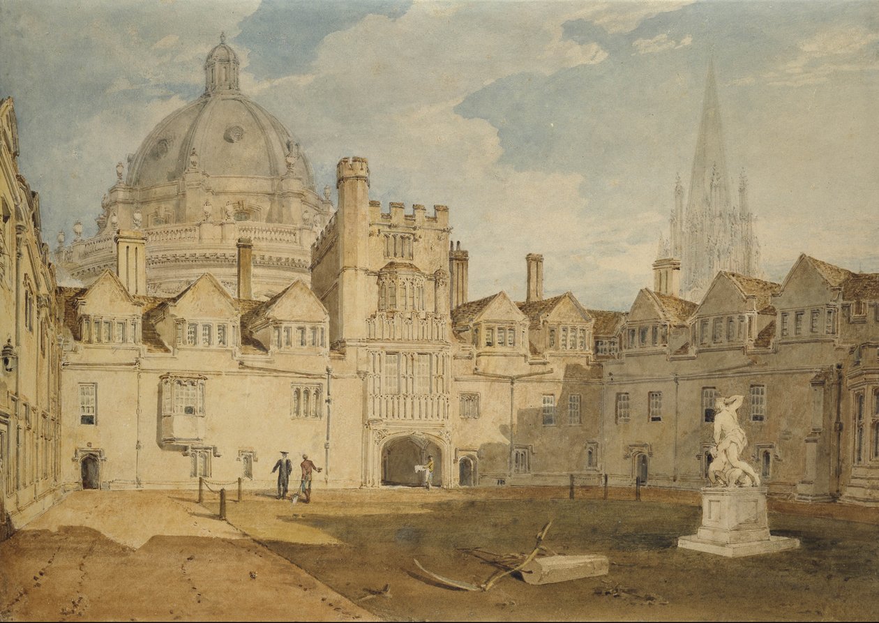 Widok z wnętrza Brazen Nose College Quadrangle, Oxford, 1803-04 (wc nad grafitem, na papierze) autorstwa Joseph Mallord William Turner
