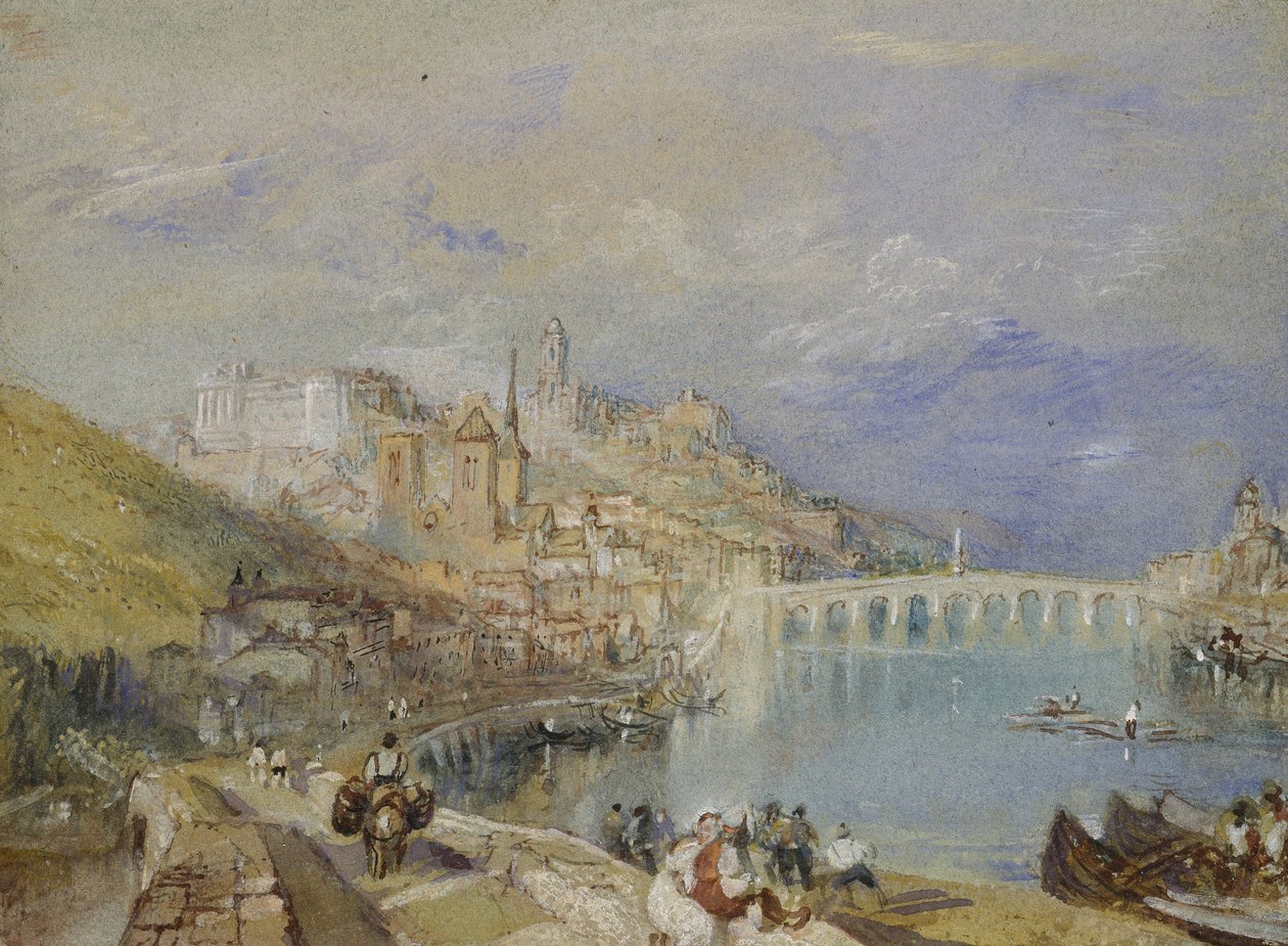 Blois, ok. godz. 1830 (akwarela z body i długopisem oraz brązowym i czarnym tuszem na niebieskim papierze) autorstwa Joseph Mallord William Turner