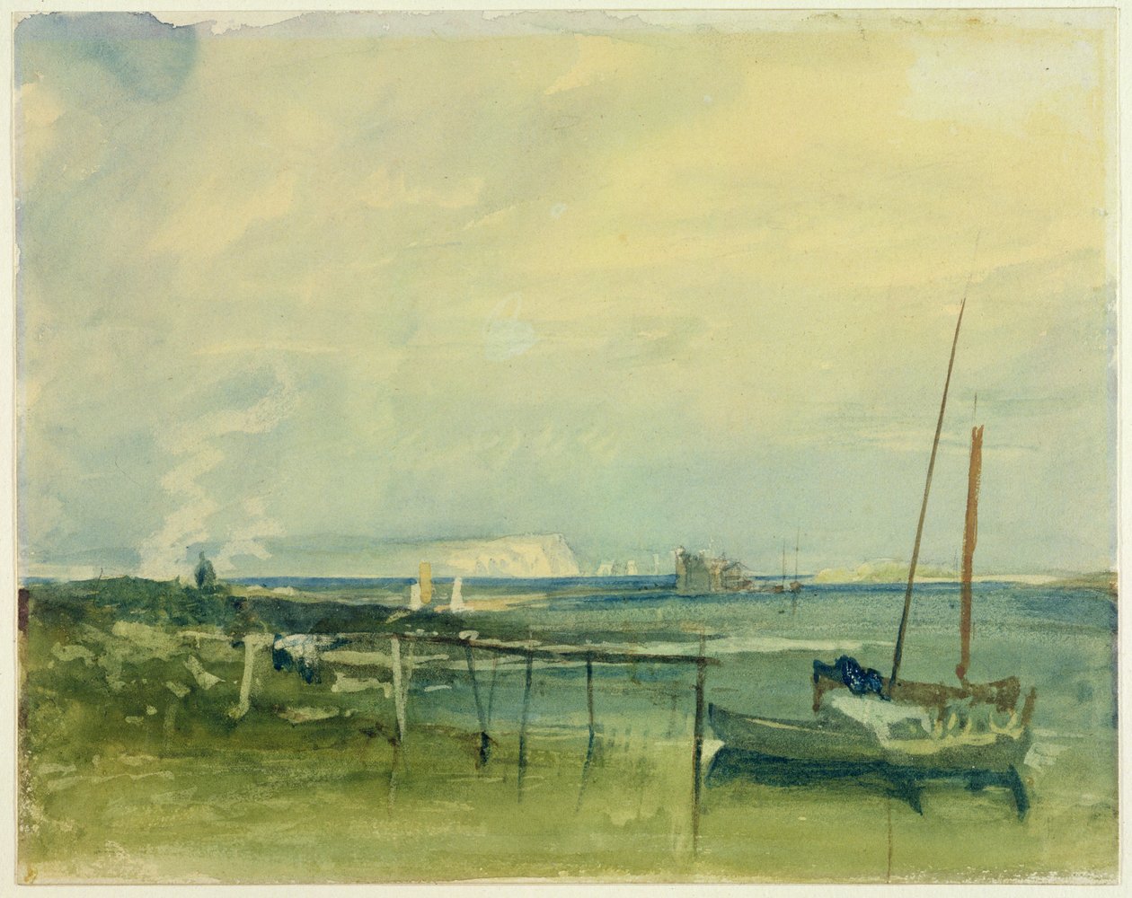 Scena wybrzeża z białymi klifami i łodziami na brzegu (wc i grafit na papierze) autorstwa Joseph Mallord William Turner