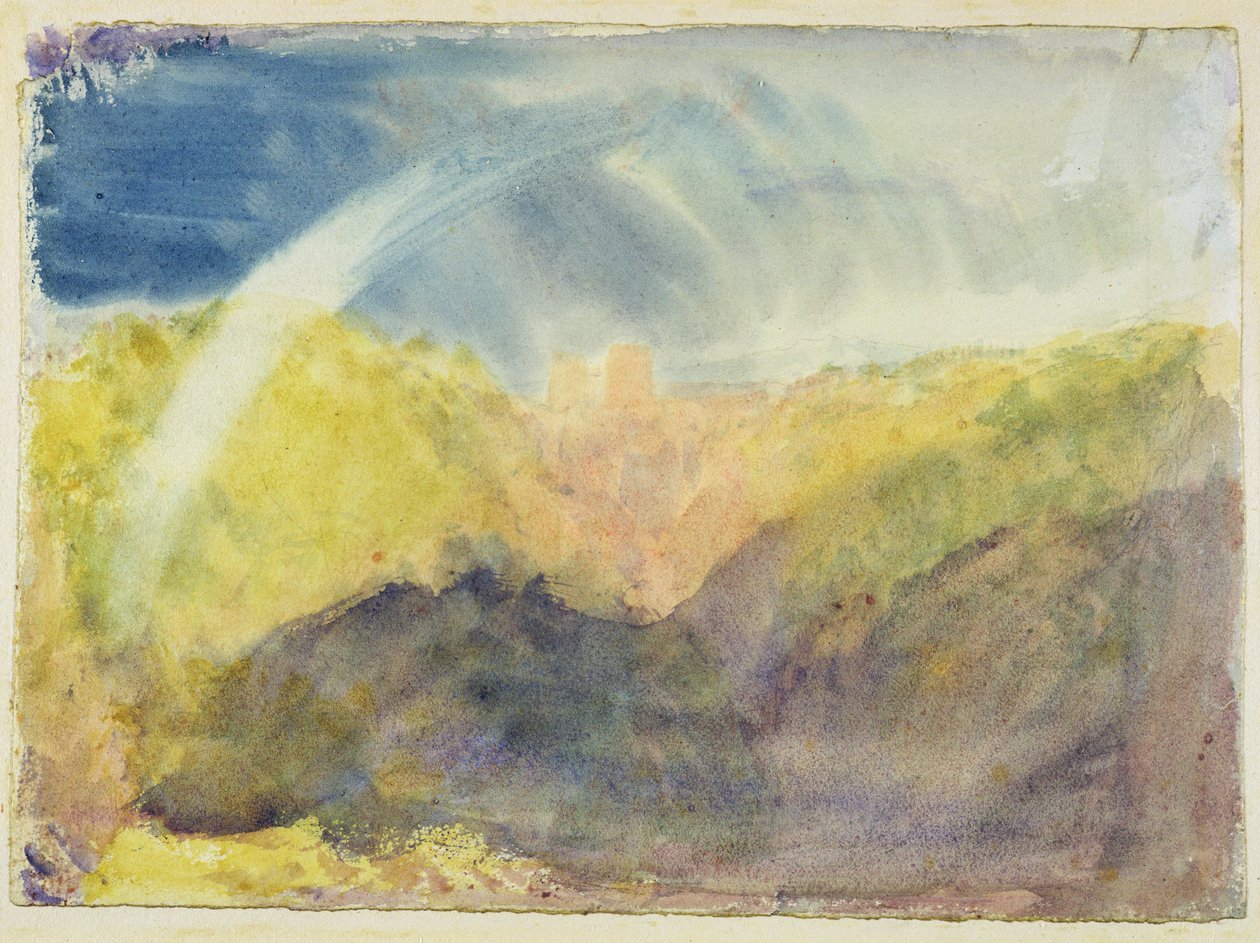 Zamek Crichton (Pejzaż górski z tęczą) ok.1818 (wc nad grafitem na papierze tkanym) autorstwa Joseph Mallord William Turner