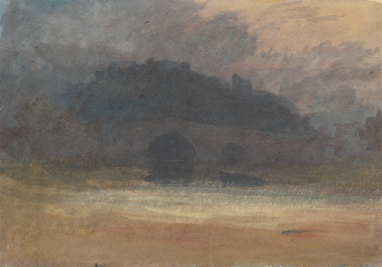 Wieczorny krajobraz z zamkiem i mostem w Yorkshire autorstwa Joseph Mallord William Turner