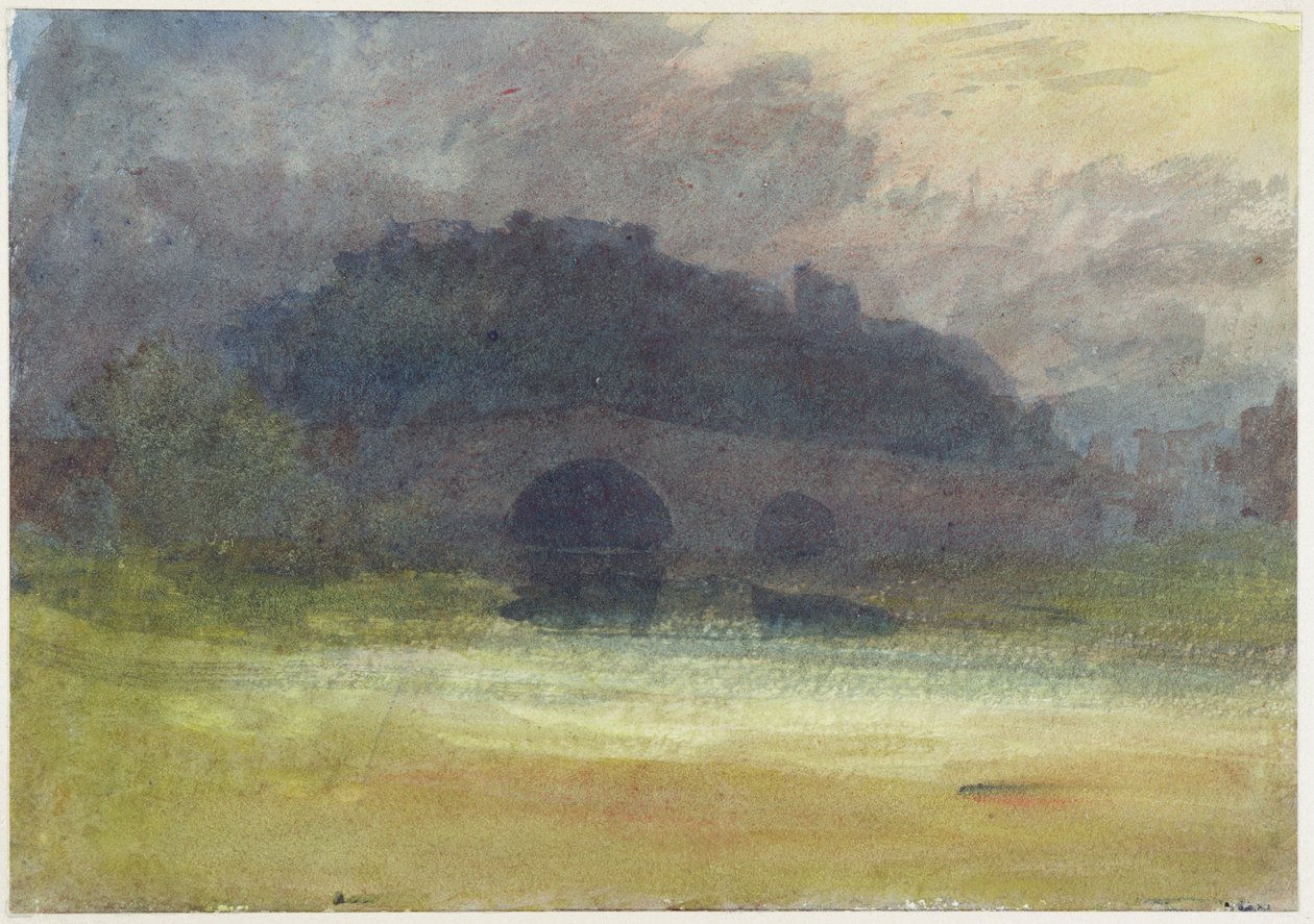 Wieczorny krajobraz z zamkiem i mostem w Yorkshire, ok. 1798-99 (wc na papierze tkanym) autorstwa Joseph Mallord William Turner