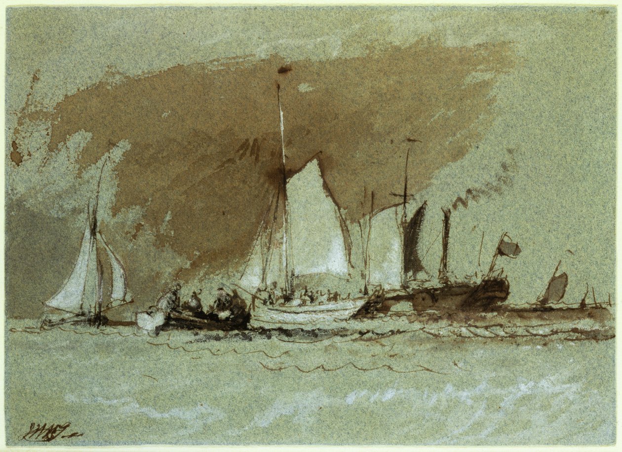 Łodzie rybackie na morzu, wejście na pokład parowca u wybrzeży Isle of Wight (indyjski atrament wzmocniony bielą na papierze) autorstwa Joseph Mallord William Turner