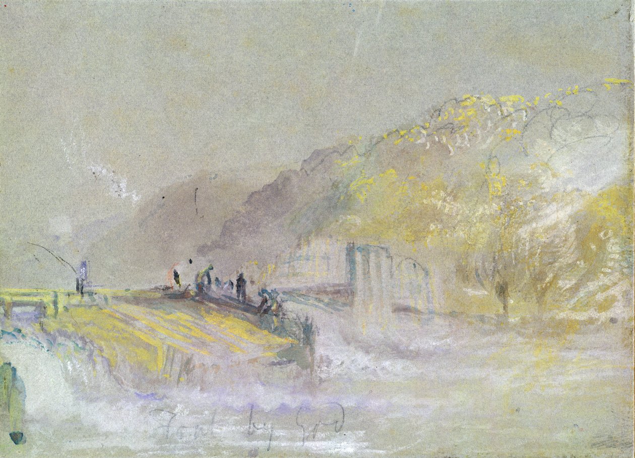 Faul by God: Krajobraz rzeczny z wędkarzami łowiącymi z jazu, ok. 1830 (toaleta i kolor nadwozia z ołówkiem i kredą na papierze) autorstwa Joseph Mallord William Turner