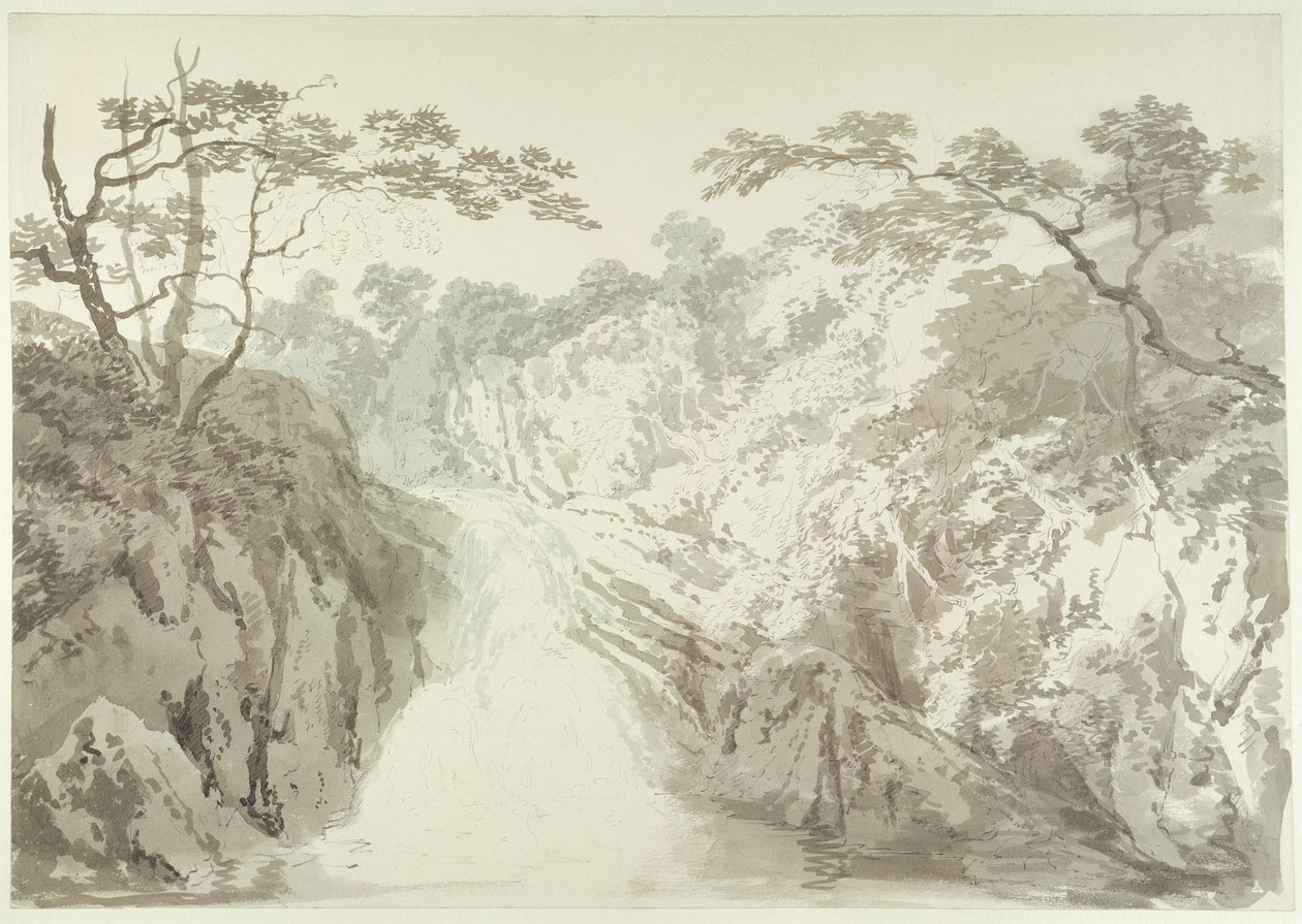 Pejzaż z wodospadem, ok. 1796 (grafit i wash na papierze) autorstwa Joseph Mallord William Turner