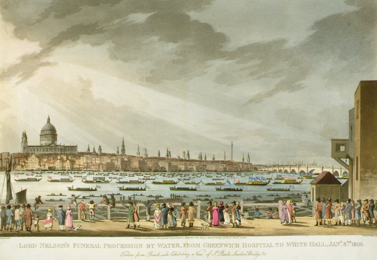 Procesja pogrzebowa Lorda Nelsona drogą wodną z Greenwich do Whitehall z „The History and Graphic Life of Nelson”, grawerowana przez J. Clarka i H. Marke
