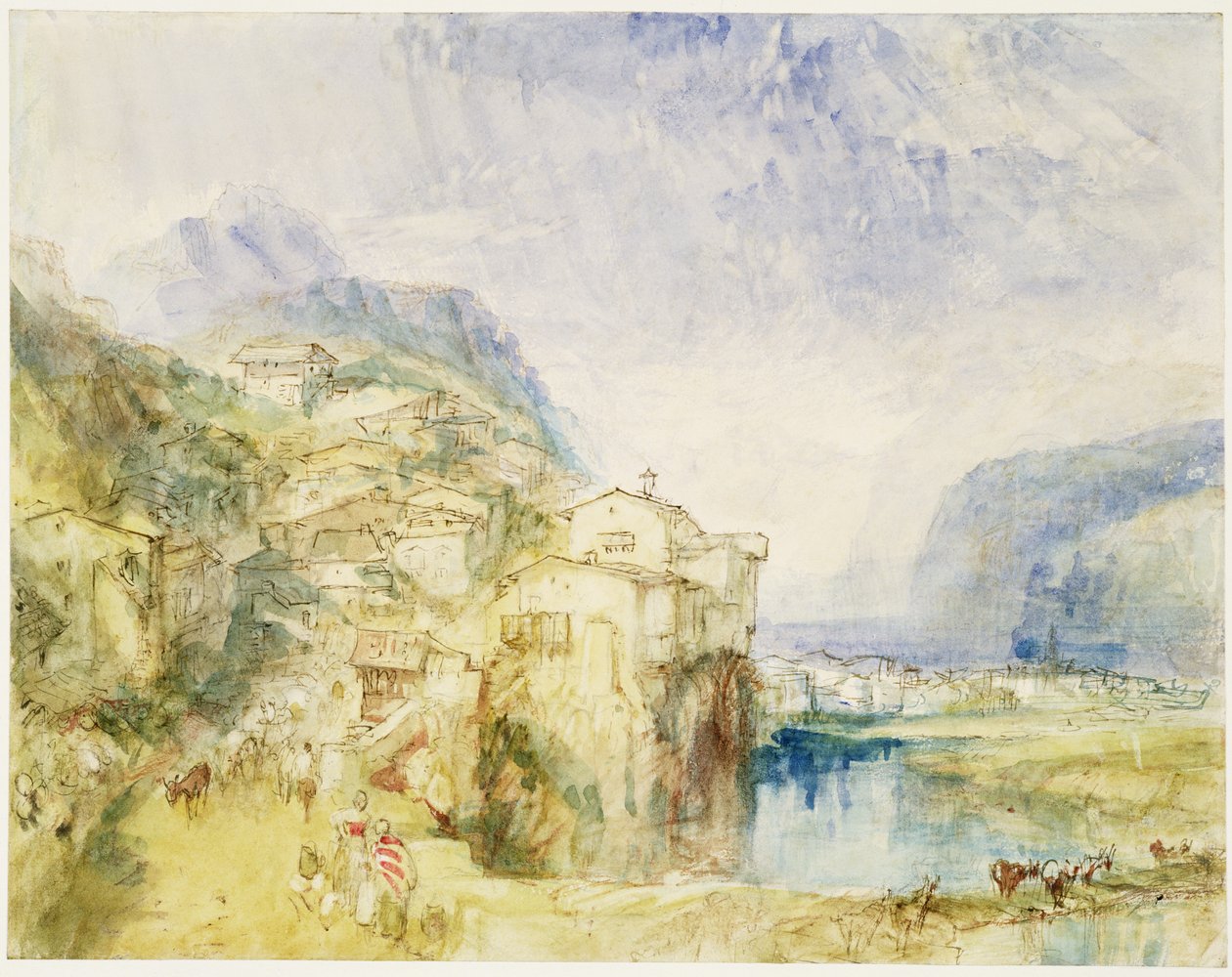 No.0584 Brunnen, w oddali Jezioro Czterech Kantonów, ok.1842 (toaleta i atrament) autorstwa Joseph Mallord William Turner