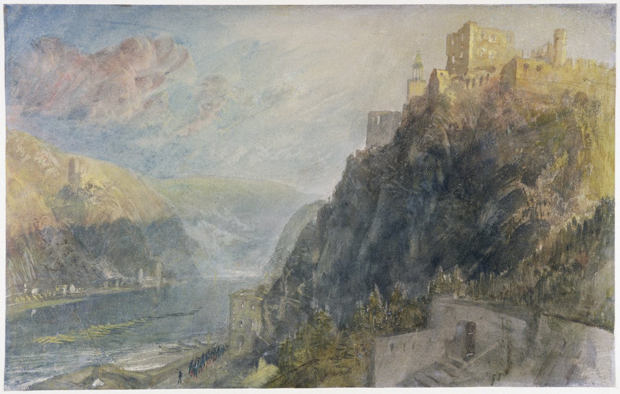 Rheinfels patrzący na Katza i Gourhausena, 1817 (wc i gwasz na papierze) autorstwa Joseph Mallord William Turner