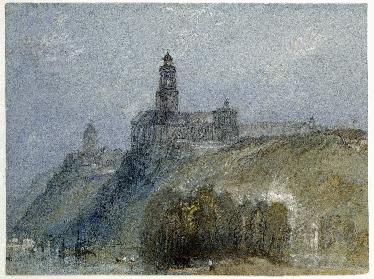 Saint-Florent-le-Vieil, ca. 1826-30 (akwarela i bodycolor z długopisem i czarno-brązowym tuszem na niebieskim papierze) autorstwa Joseph Mallord William Turner