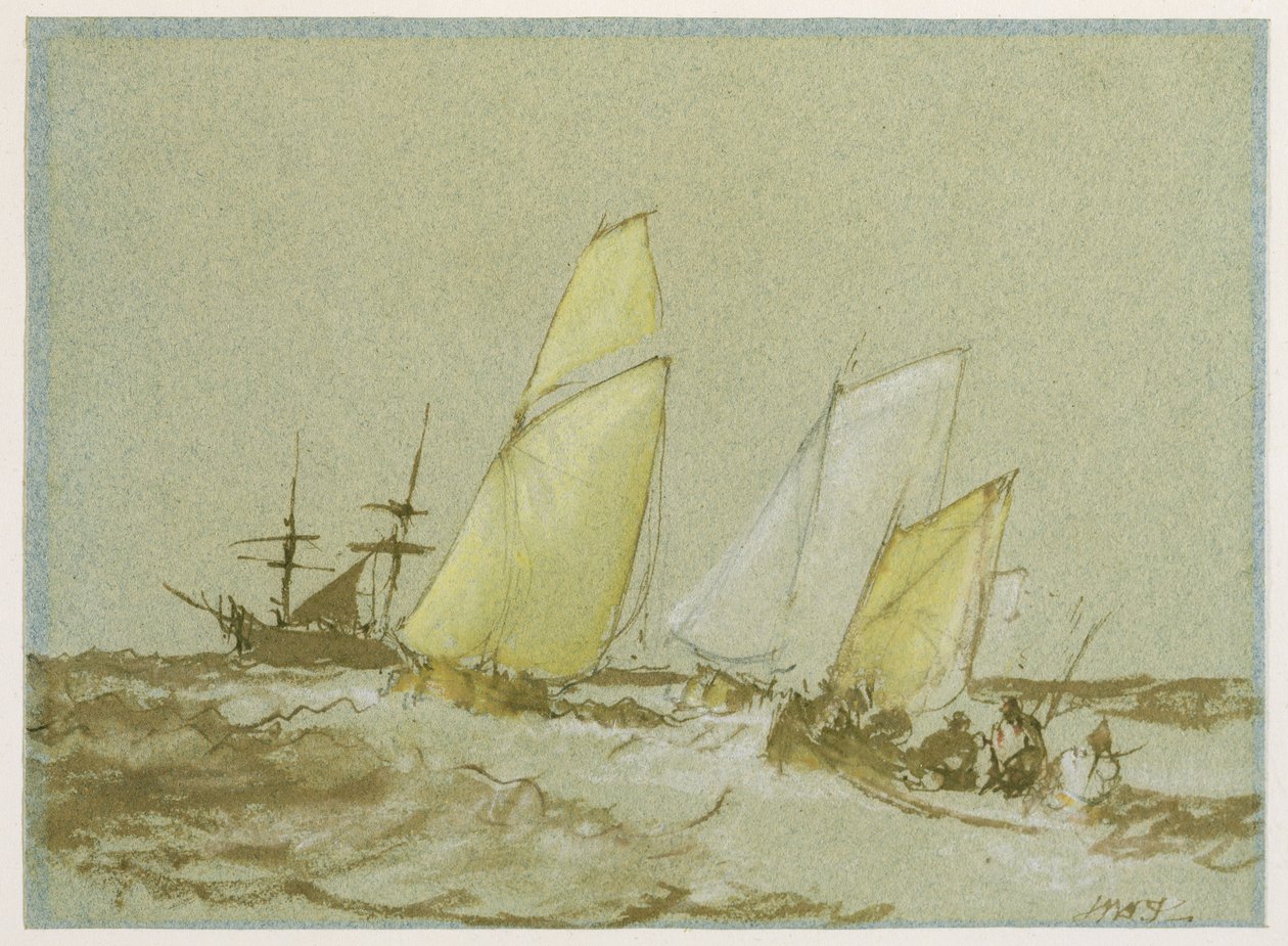 Wysyłka, ok. 1828-30 (długopis, pędzel i brązowy tusz, kolor ciała i grafit na niebieskim papierze) autorstwa Joseph Mallord William Turner