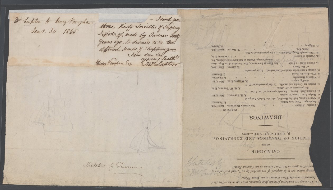 Szkic dwóch statków na stronie katalogu autorstwa Joseph Mallord William Turner