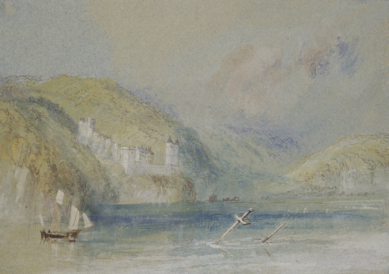 Sekwana w pobliżu Tancarville, ok. 1832 (toaleta z gwaszem i piórem i atramentem na papierze) autorstwa Joseph Mallord William Turner