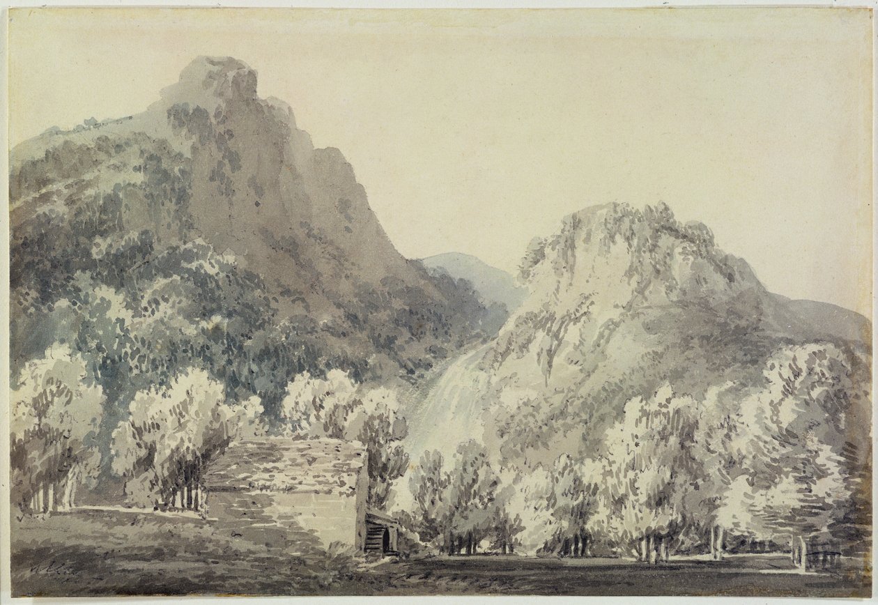 Wodospad w Lodore, Cumberland (szare i niebieskie rozmycie nad grafitem na papierze) autorstwa Joseph Mallord William Turner
