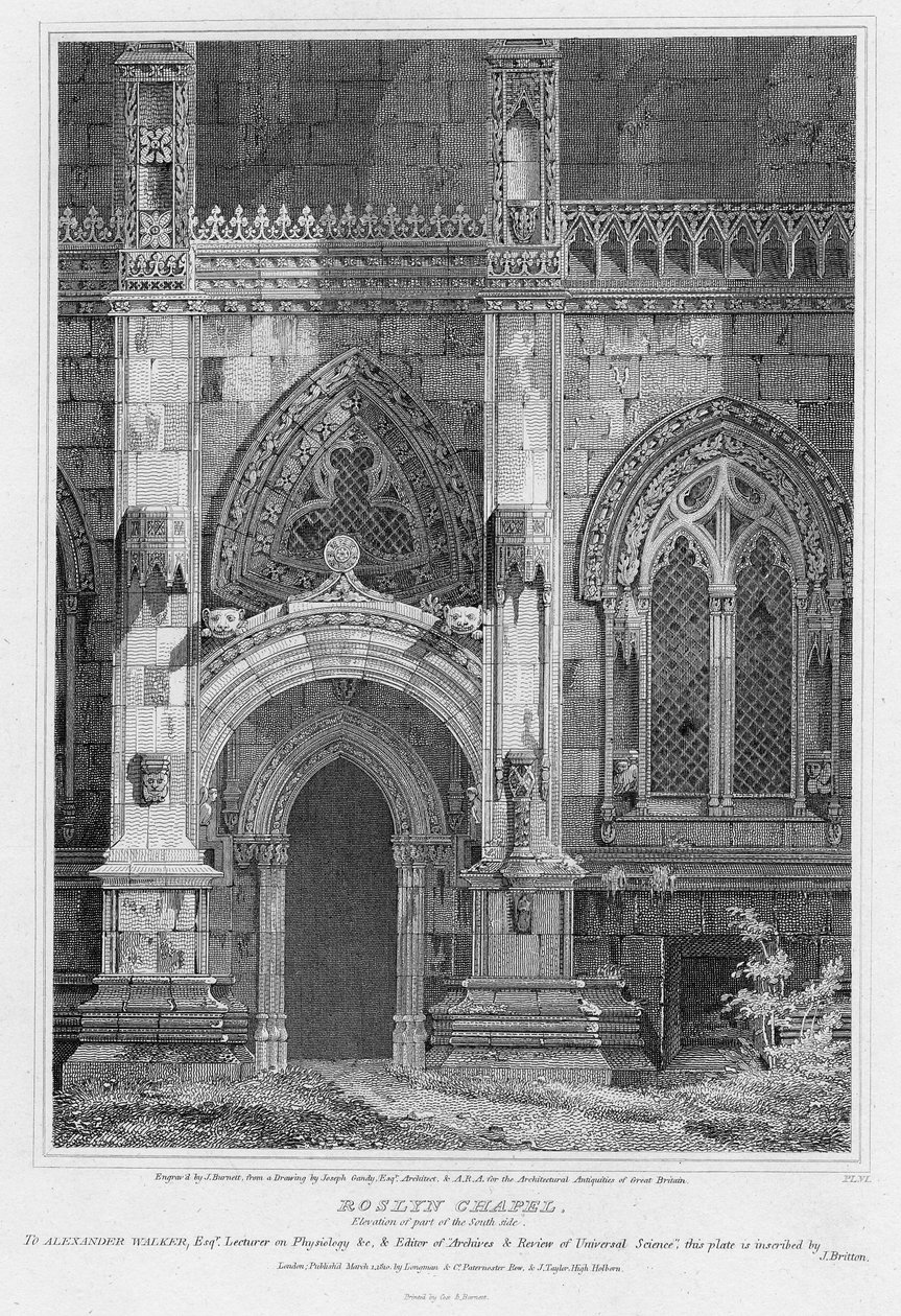 Kaplica Rosslyn, elewacja części strony południowej, ryt J.Burnett, 1810 autorstwa Joseph Michael Gandy