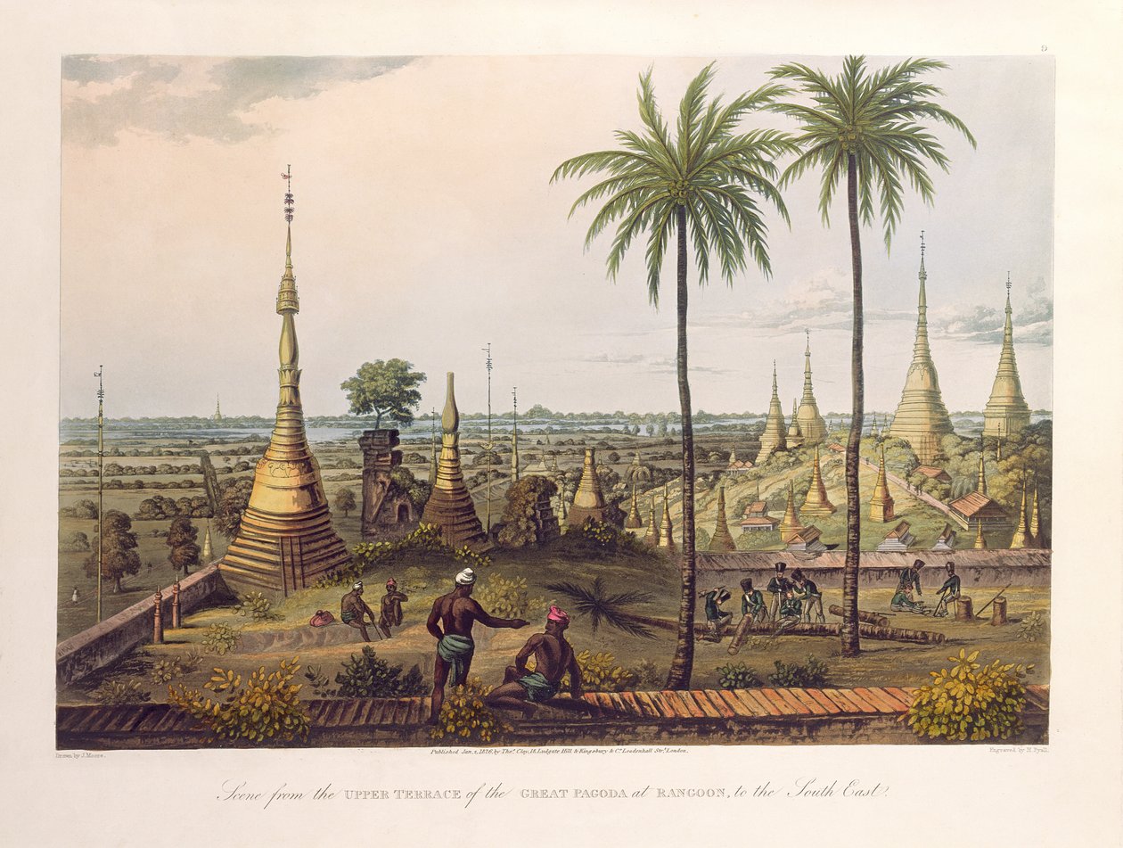 Scena z górnego tarasu Wielkiej Pagody w Rangunie, na południowy wschód, rytował H. Pyall, wyd. Kingsbury und Co., 1826 (akwatinta barwna) autorstwa Joseph Moore