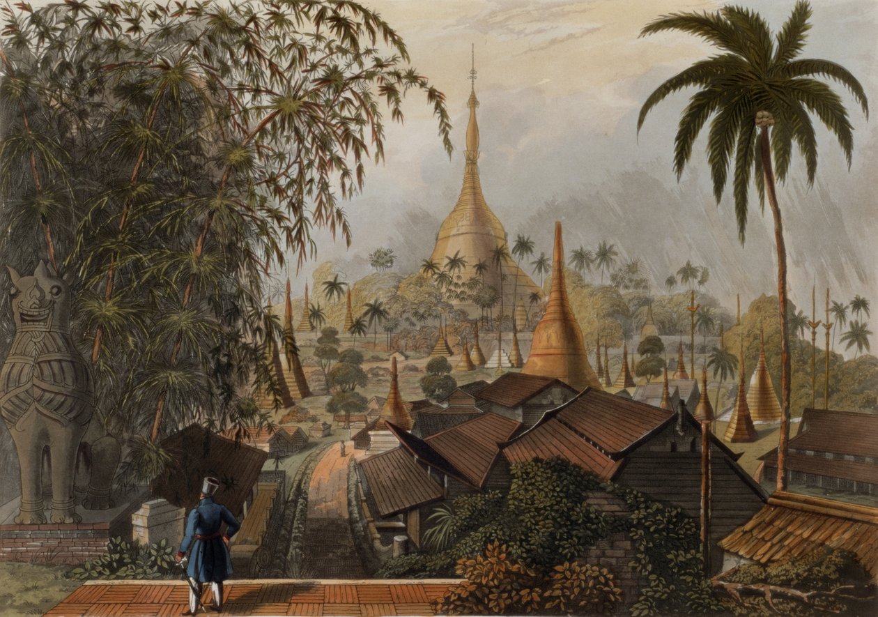 Widok Wielkiej Pagody Dagona i przyległej scenerii wzięty na wschodnią drogę z Rangunu, tablica 16 z „Rangoon Views”, rytowany przez T. Fieldinga, 1825 (akwatinta) autorstwa Joseph Moore