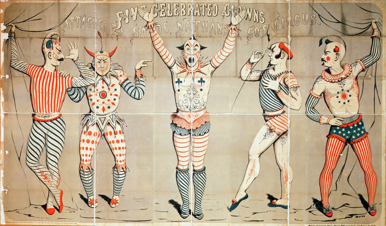 Pięciu sławnych klaunów przywiązanych do piasków, Cyrk Nathana und Co., 1856 (kolorowy drzeworyt) autorstwa Joseph Morse