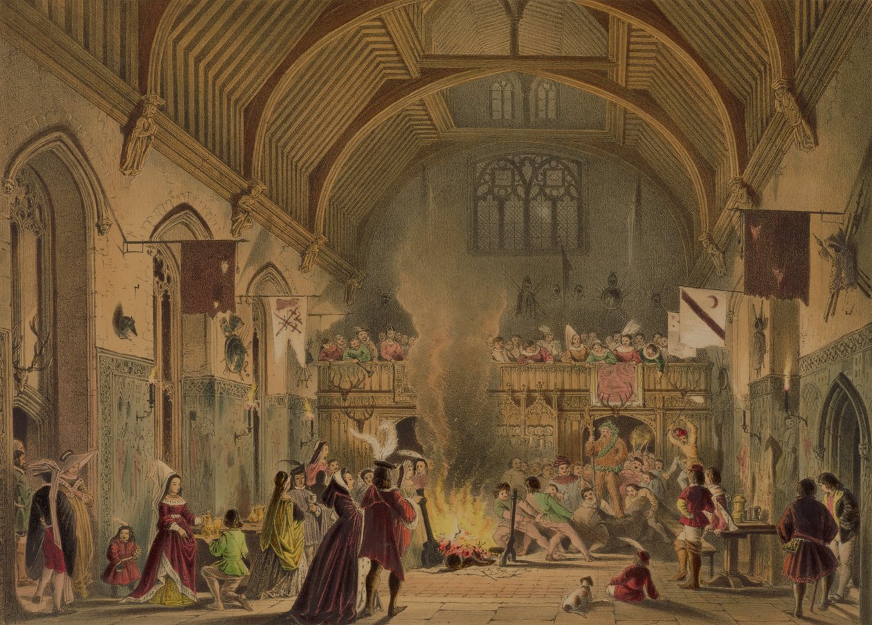 Bankiet w sali magnackiej, Penshurst Place, Kent, z „Architektury średniowiecza”, 1838 autorstwa Joseph Nash