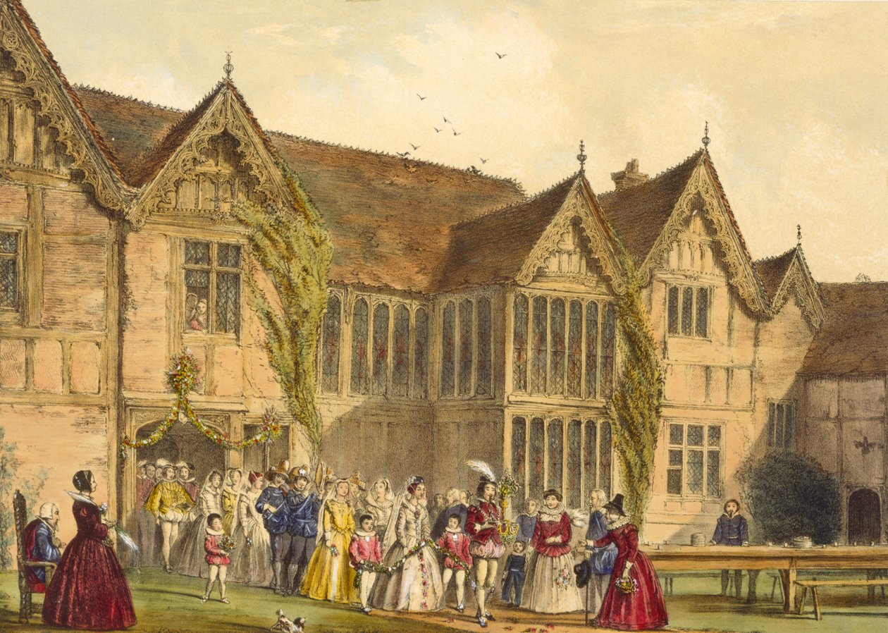 Wiejskie wesele, Ockwells Manor w Berkshire, ok. 1600, z "Architektury Średniowiecza", 1838 autorstwa Joseph Nash