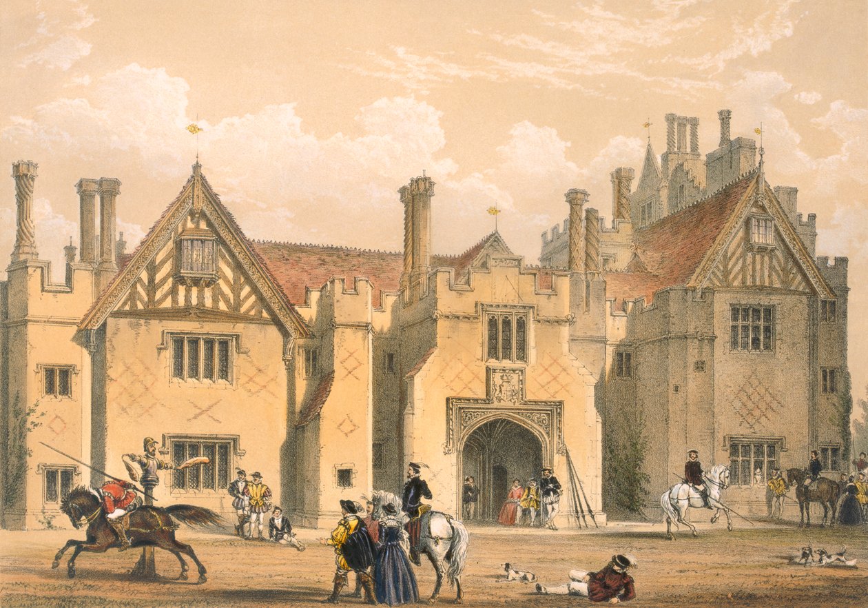 Praktyka rycerska, Compton Wynyates, Warwick, połowa XVII wieku, z „Architektury średniowiecza”, opublikowana w 1838 r. autorstwa Joseph Nash