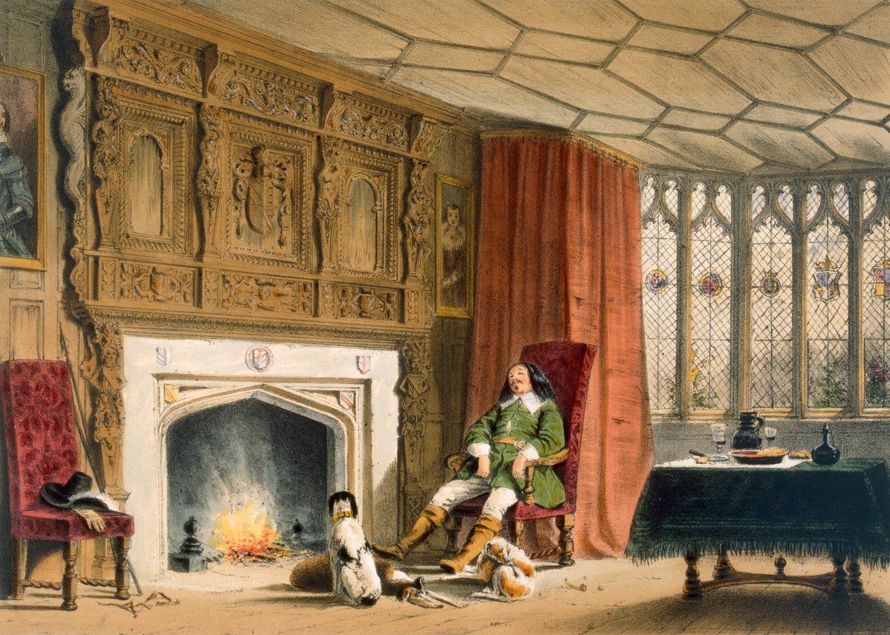 Squire ze swoimi psami przy palenisku, Southam Delabere, Gloucestershire, z „Architektury średniowiecza”, opublikowanej w 1838 r. autorstwa Joseph Nash