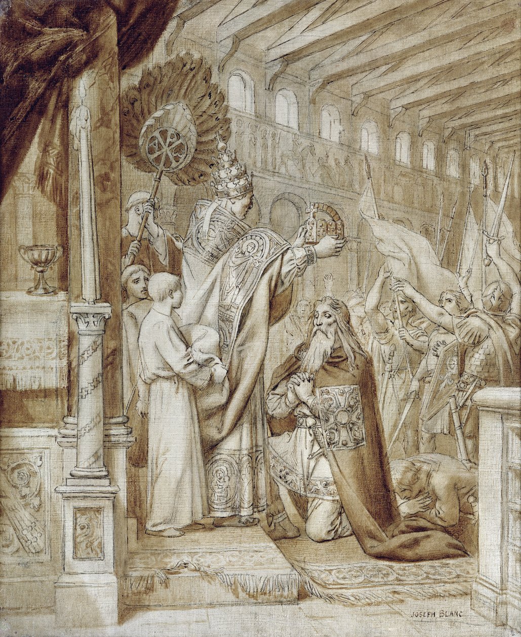 Koronacja Karola Wielkiego (742-814) (pióro i atrament na płótnie) autorstwa Joseph Paul Blanc