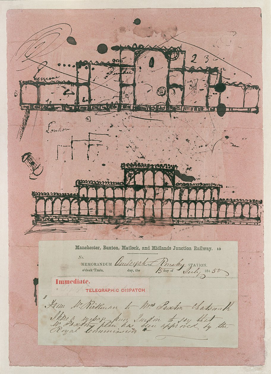 Wielka Wystawa, 1851: pierwszy szkic budynku, 1850 (tusz na bibule) autorstwa Joseph Paxton