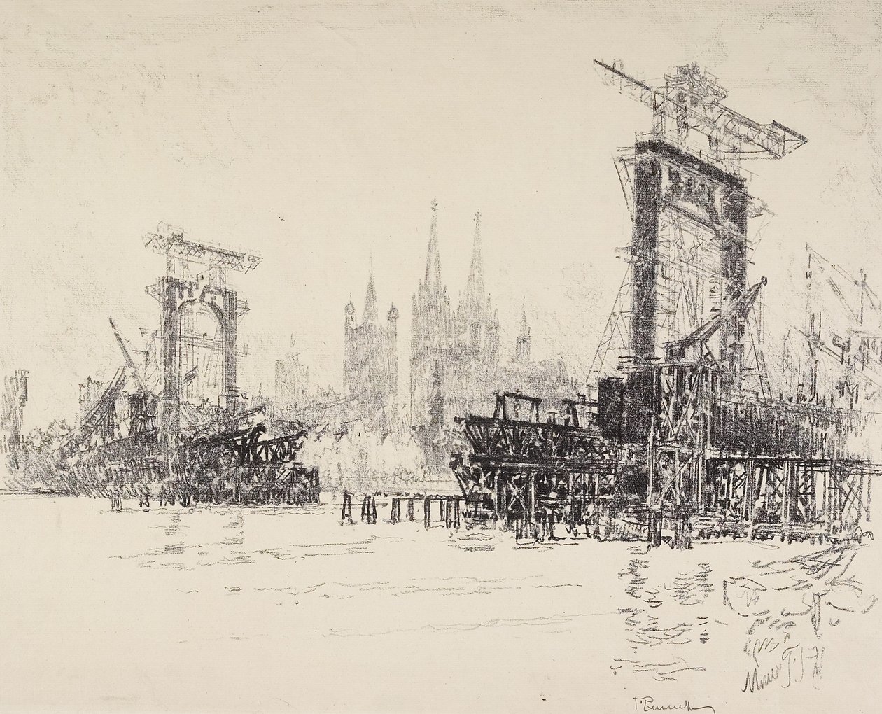 Budowa mostu w Kolonii, 1914 r. autorstwa Joseph Pennell