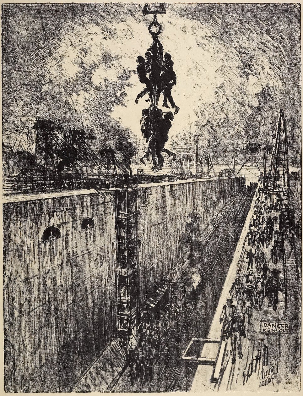 Koniec dnia, śluza Gatun, 1912 autorstwa Joseph Pennell