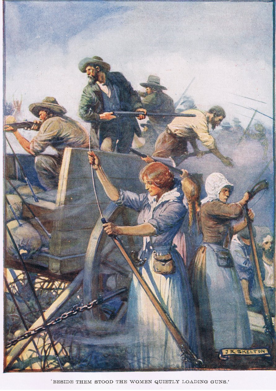 Obok nich stały kobiety po cichu ładujące broń autorstwa Joseph Ratcliffe Skelton