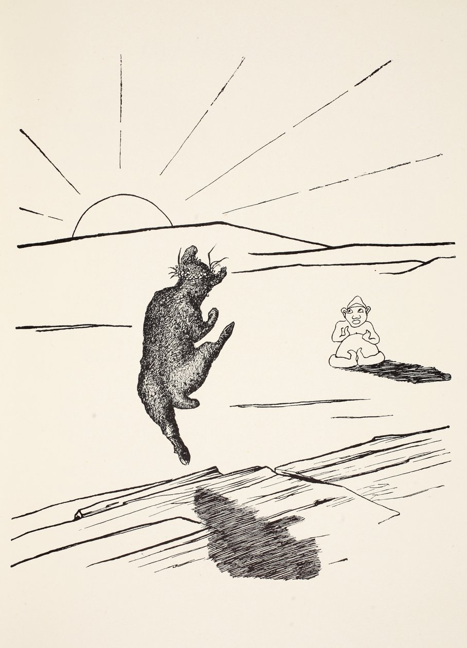 Stary Człowiek Kangur, kiedy był Innym Zwierzęciem z czterema krótkimi nogami, ilustracja z "Just So Stories for Little Children" Rudyarda Kiplinga, pub. London, 1951 autorstwa Joseph Rudyard Kipling