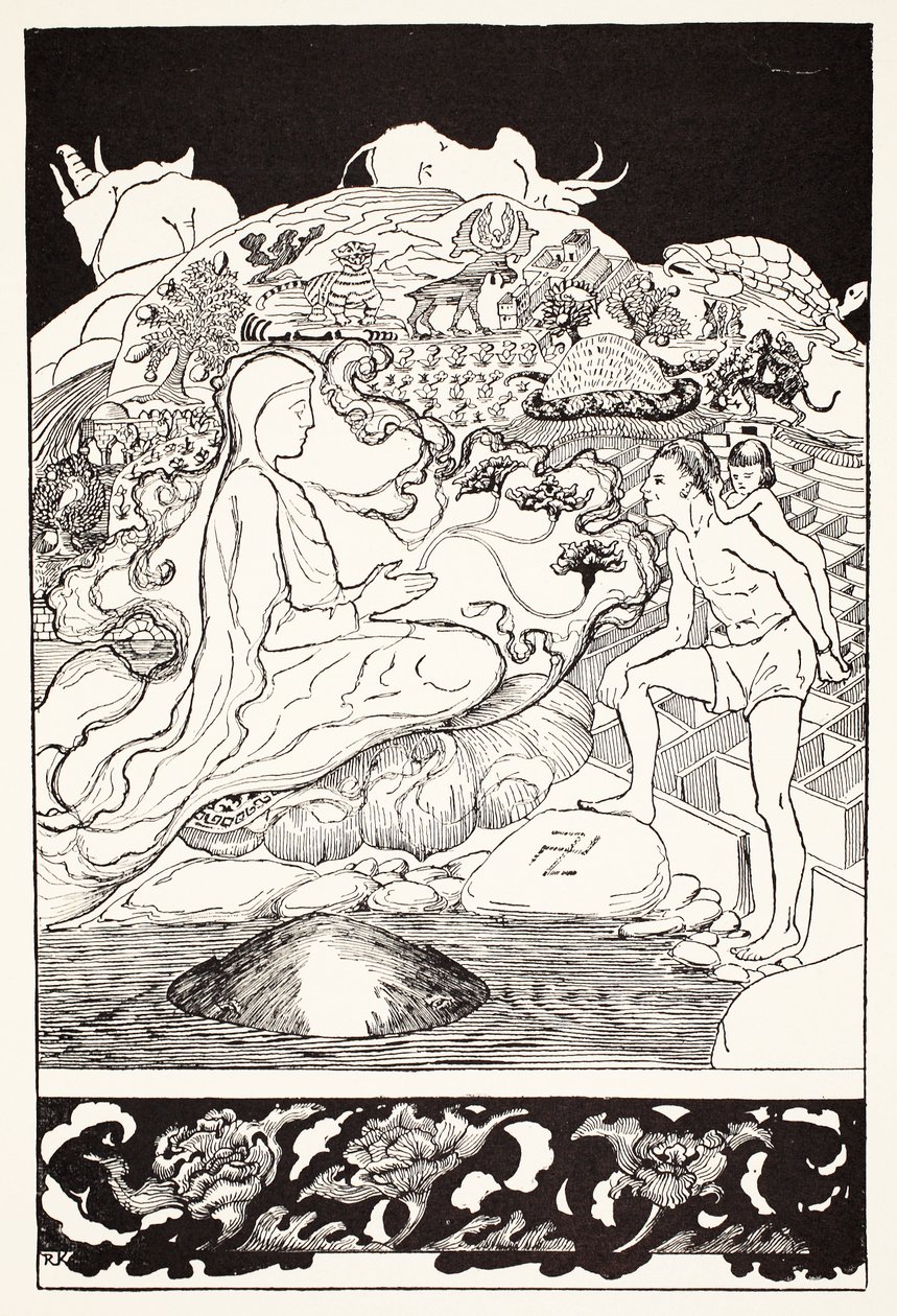 Krab Pau Amma ucieka, podczas gdy najstarszy mag rozmawiał z mężczyzną i jego małą córeczką, ilustracja z „Takie historie dla małych dzieci” Rudyarda Kiplinga, pub. Londyn, 1 autorstwa Joseph Rudyard Kipling
