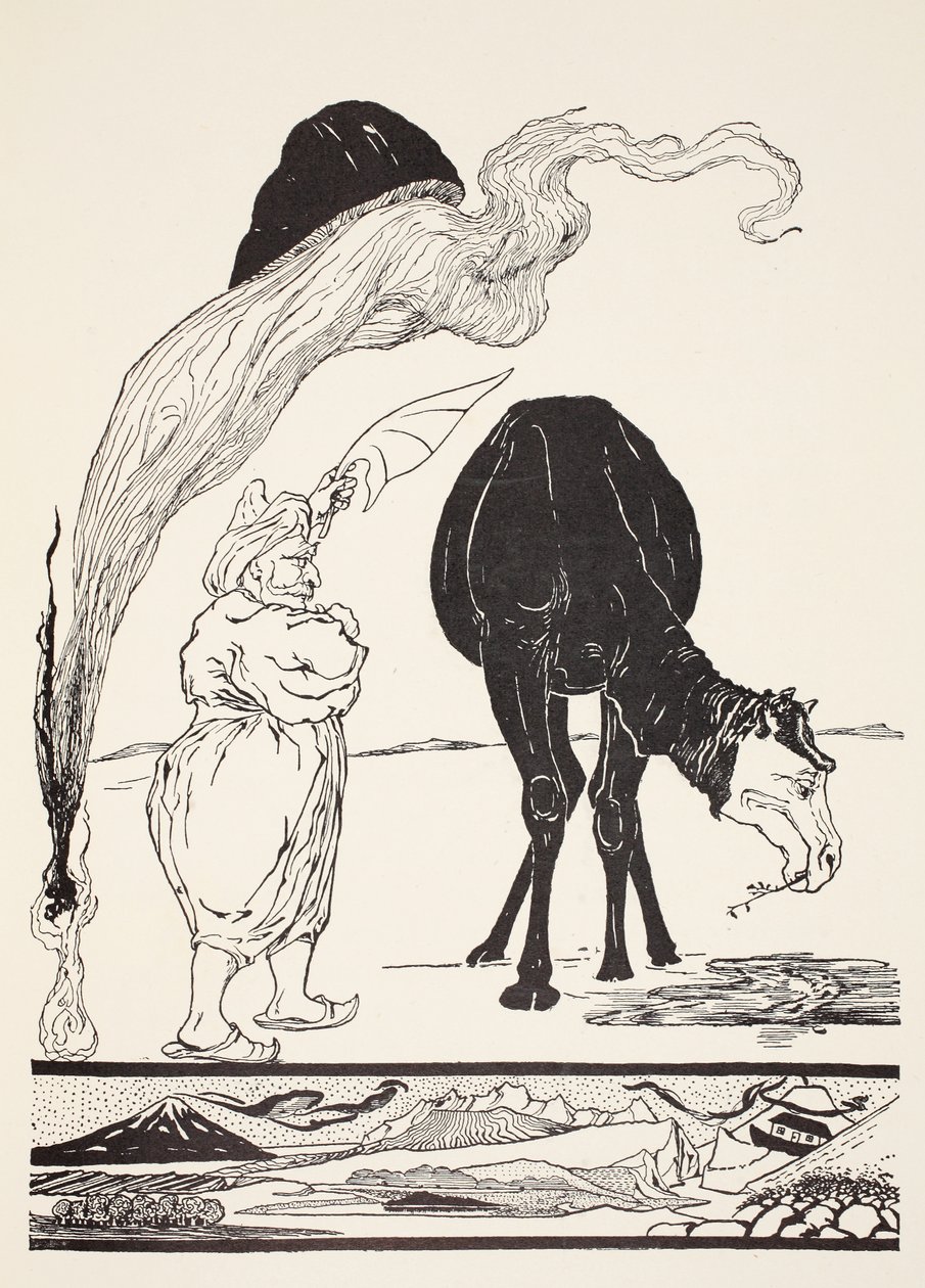 Djinn odpowiedzialny za wszystkie pustynie prowadzące magię ze swoim fanem magii, ilustracja z „Just So Stories for Little Children” Rudyarda Kiplinga, wyd. Londyn, 1951 autorstwa Joseph Rudyard Kipling