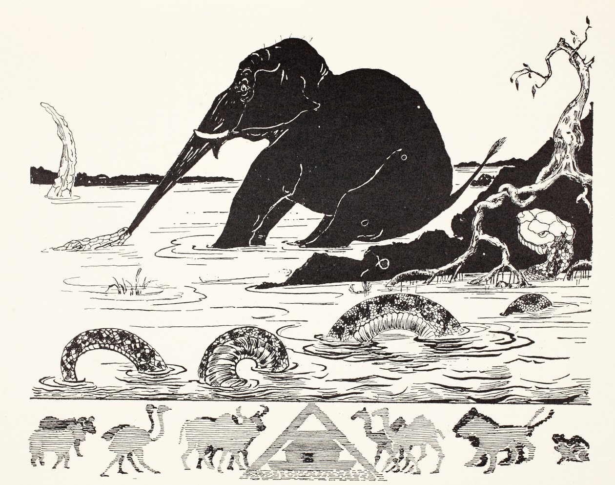 Dziecko słonia, którego krokodyl ciągnie za nos, ilustracja z „Just So Stories for Little Children” Rudyarda Kiplinga, pub. Londyn, 1951 autorstwa Joseph Rudyard Kipling