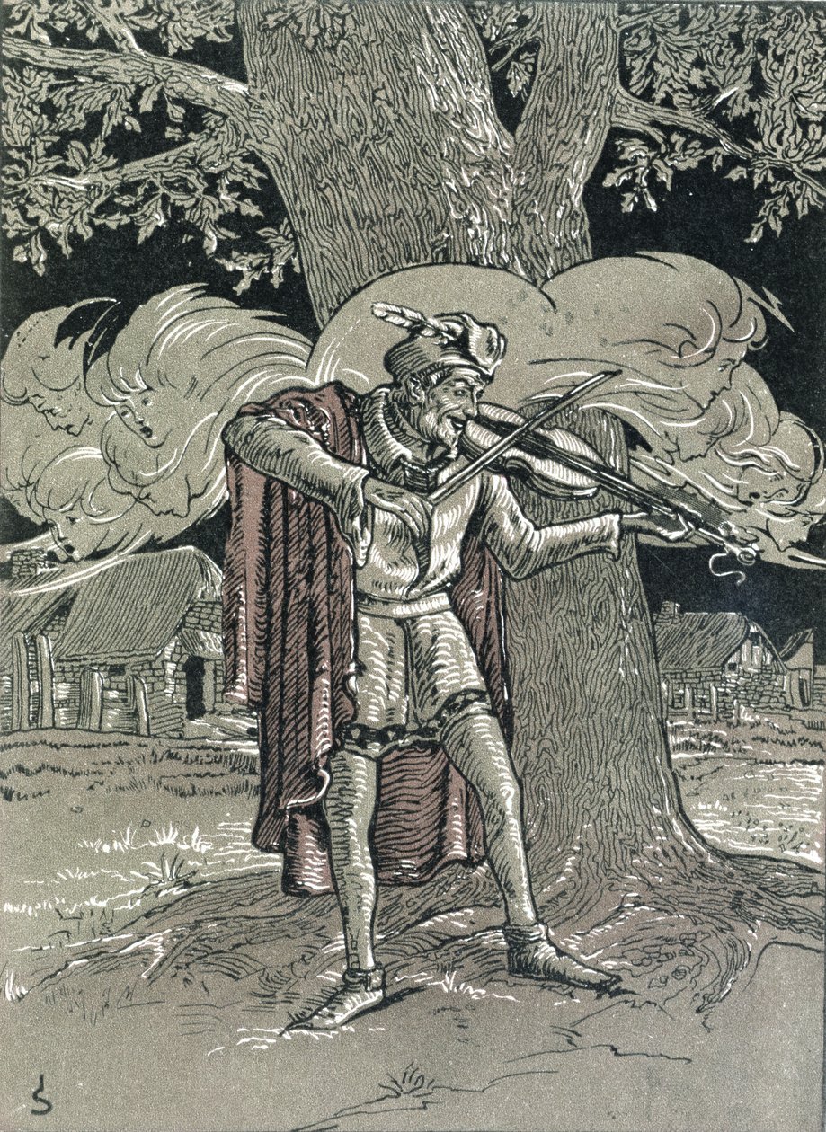 Diabelskie skrzypce, ilustracja z „Legends of Alzace” Georgesa Spetza, 1905 autorstwa Joseph Sattler