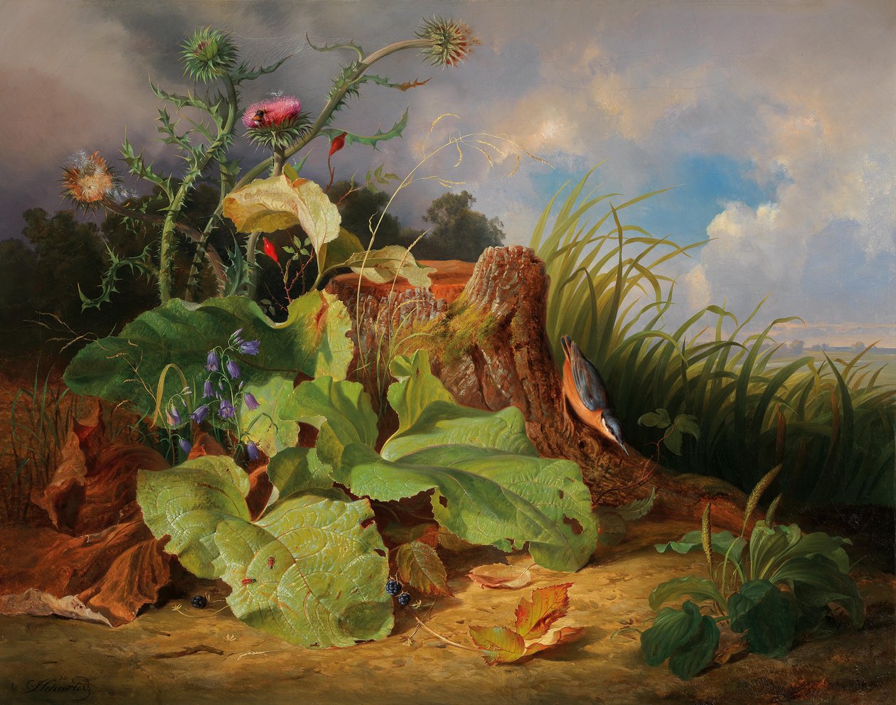 Martwa natura z ostami, dzwonkami, różami i kowalikiem autorstwa Joseph Schuster