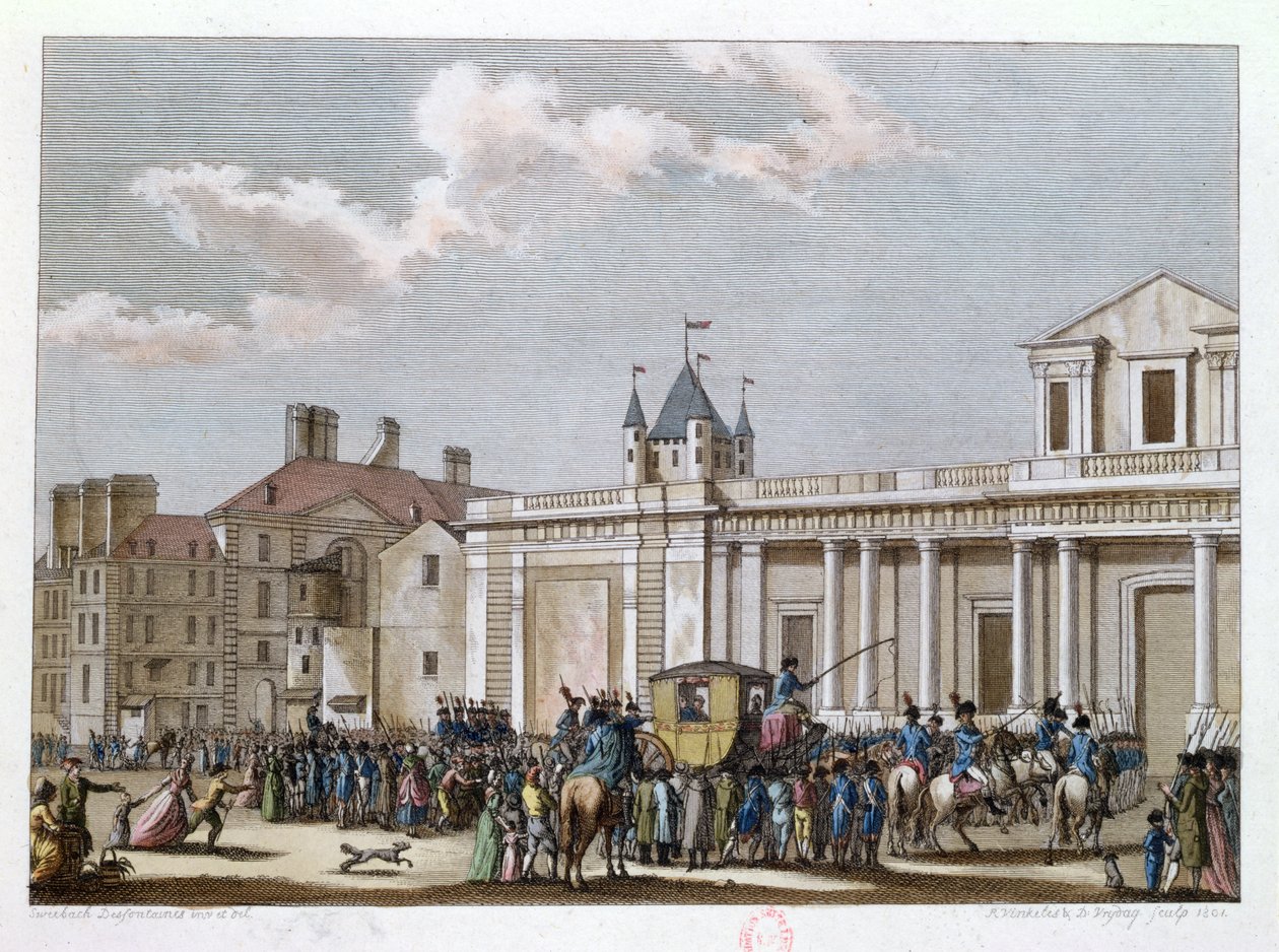 Ludwik XVI (1754-93) i jego rodzina zabrani do świątyni, 13 sierpnia 1792, ryty przez Reiniera Vinkelesa (1741-1816) i Daniela Vrydaga (1765-1822) 1801 autorstwa Joseph Swebach Desfontaines