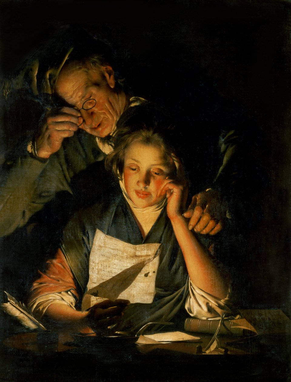 Dziewczyna czytająca list, ze starym mężczyzną czytającym jej przez ramię, ok. 1767-70 autorstwa Joseph Wright of Derby