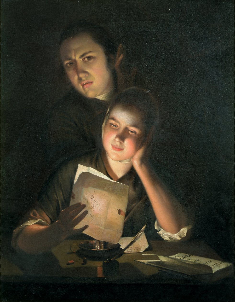 Dziewczyna czytająca list przy Candlelight, z młodym mężczyzną zaglądającym jej przez ramię, ok. 1760-2 autorstwa Joseph Wright of Derby