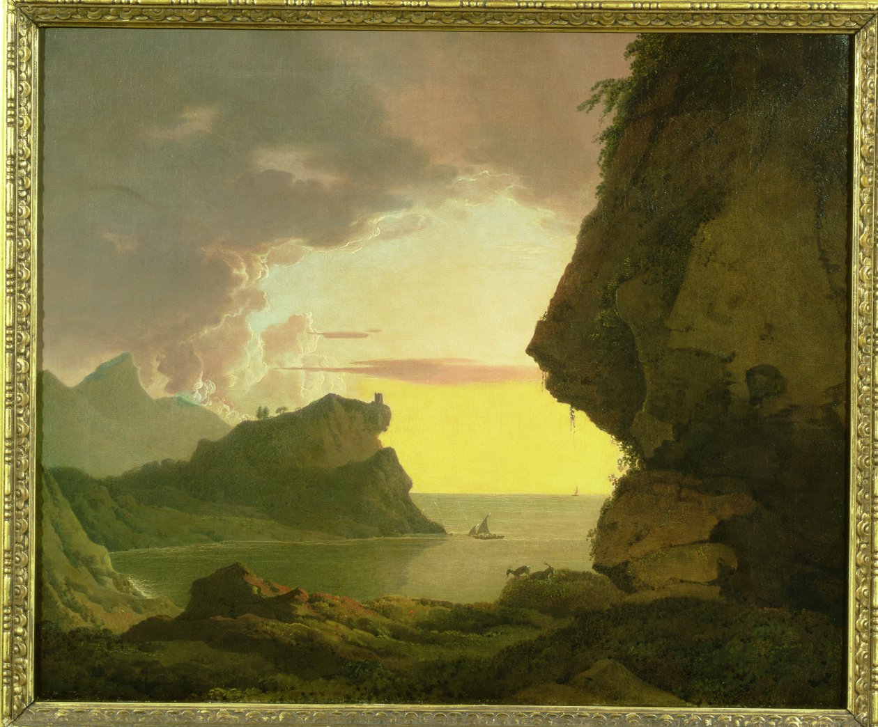 Zachód słońca na wybrzeżu w pobliżu Neapolu, ok. 1785-90 autorstwa Joseph Wright of Derby
