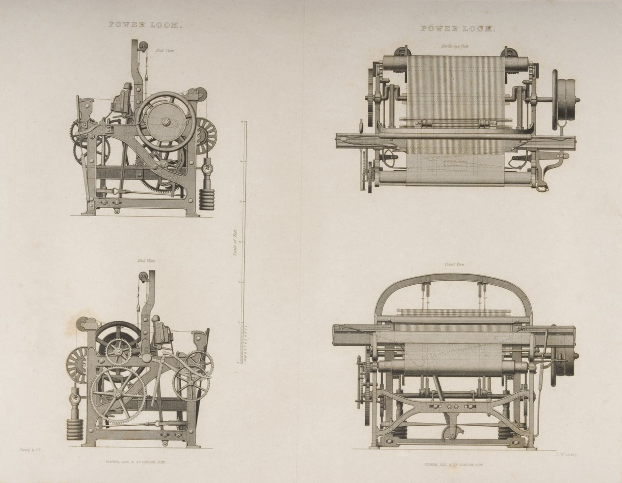 Cztery widoki krosna mechanicznego, ok. 1830 (litografia) autorstwa Joseph Wilson Lowry