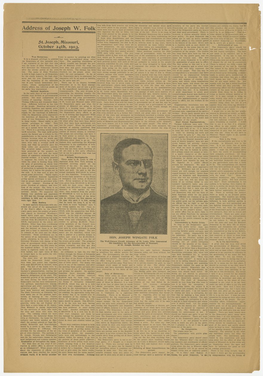 Przemówienie Josepha W. Folka, St. Joseph, Mo., kandydata na urząd w Missouri, 24 października 1903 r. autorstwa Joseph Wingate Folk