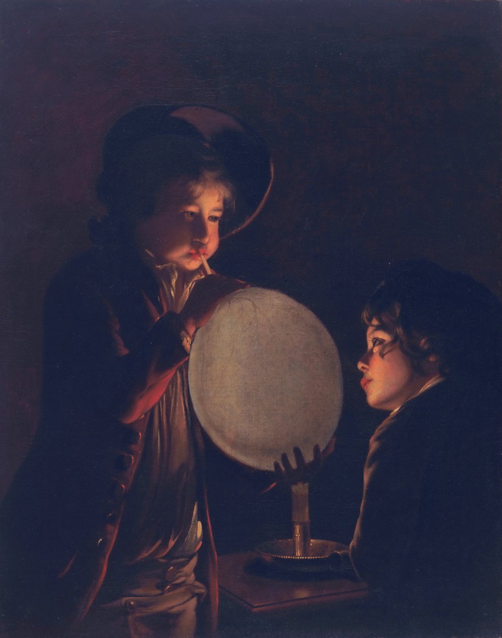 Dwóch chłopców przy świecach dmuchających w pęcherz, ok. 1767-73 autorstwa Joseph Wright of Derby