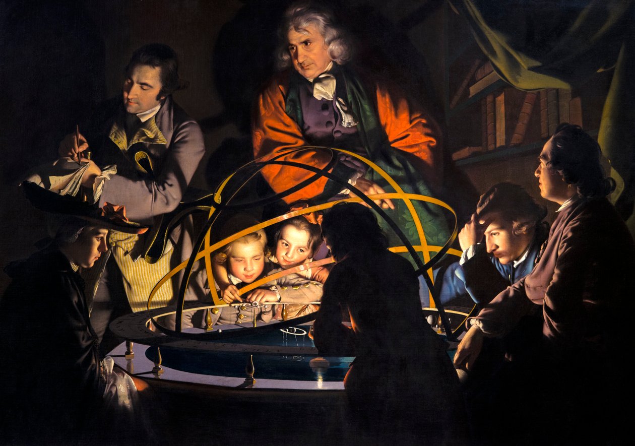 Bez tytułu, znany jako Filozof wygłaszający wykład na temat planetarium, w którym zamiast słońca lub planetarni umieszcza się lampę autorstwa Joseph Wright of Derby