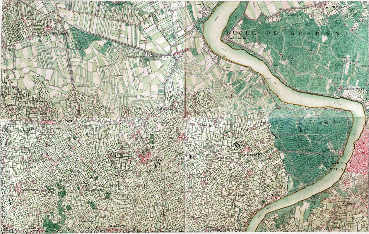 Mapa Antwerpii, Belgia autorstwa Joseph de Ferraris