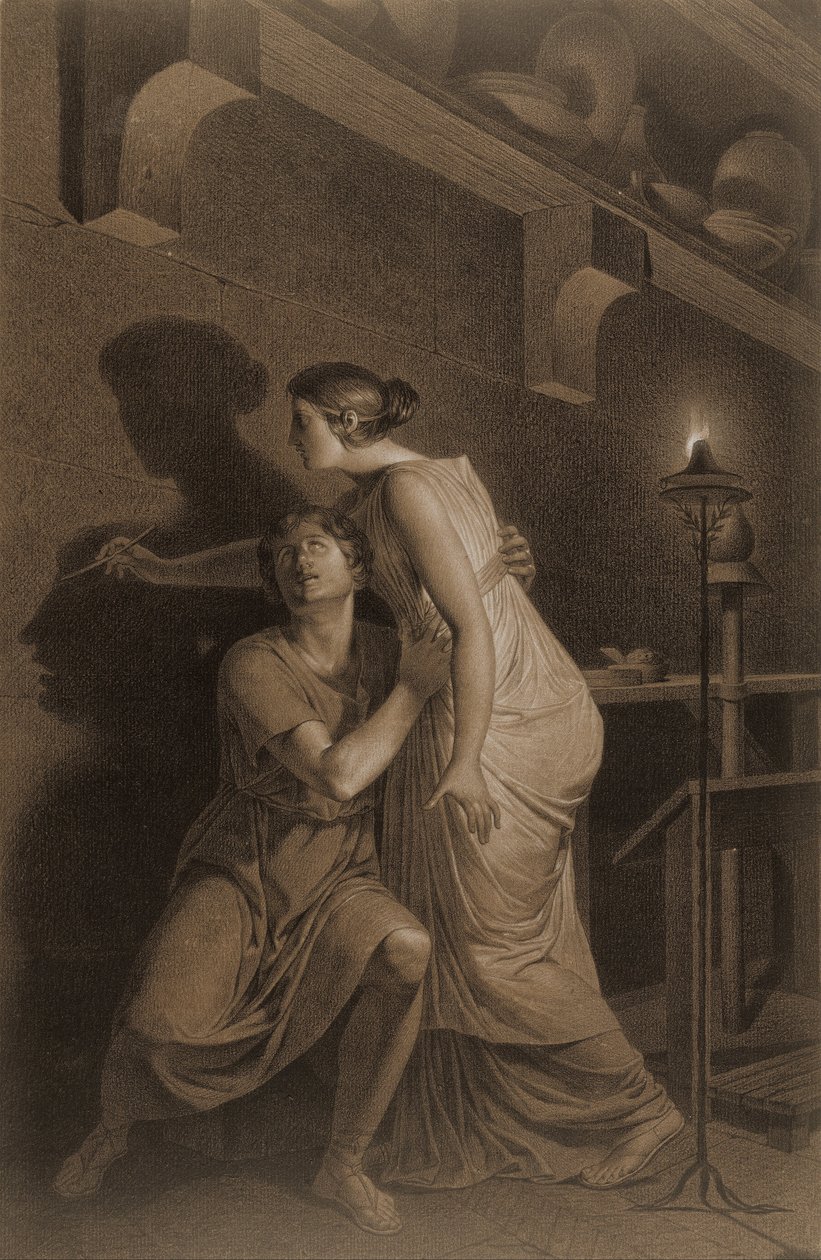 Wynalezienie rysunku (recto); Szkic kości podudzia ludzkiego szkieletu (verso) autorstwa Joseph Benoît Suvée